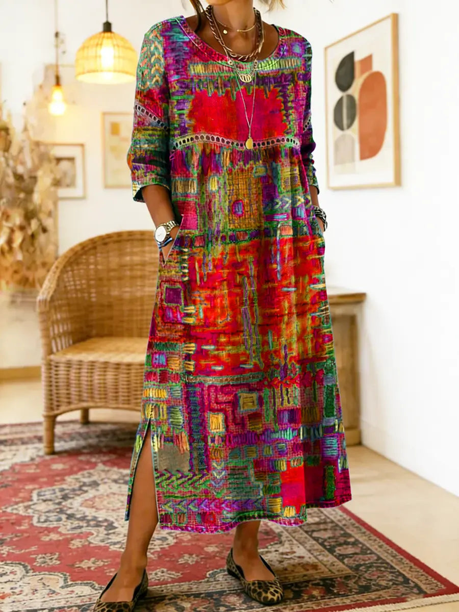 Manuela Robe en Denim avec Patchwork Ethnique