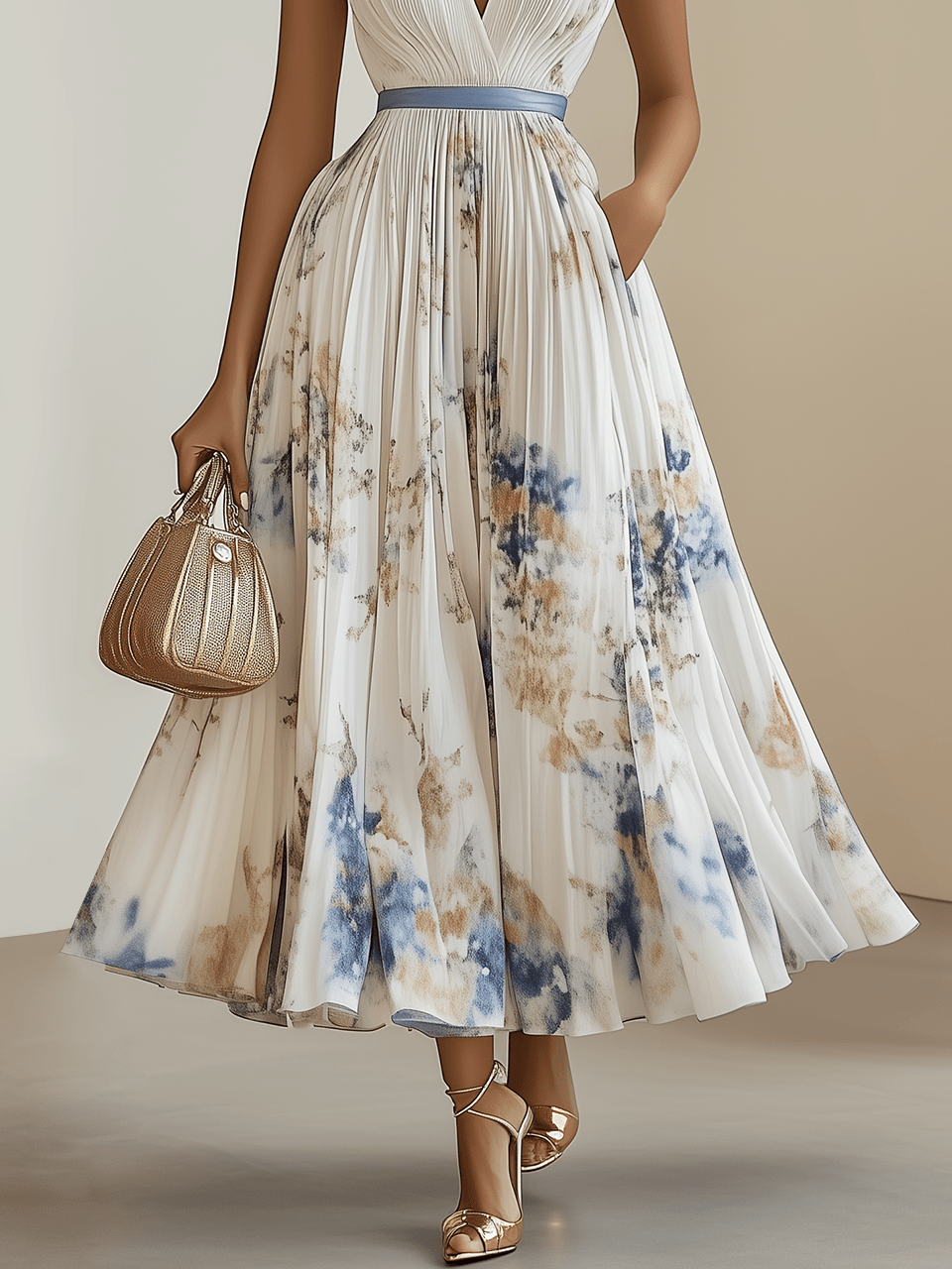 Chloé | Robe midi plissée en chiffon floral blanc à décolleté en V