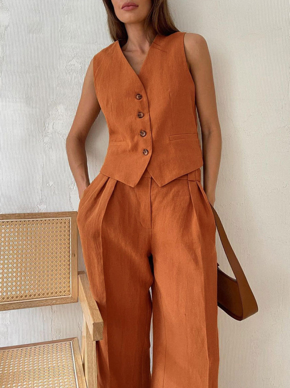 Lila | Costume Pantalon Large Plissé à Col V