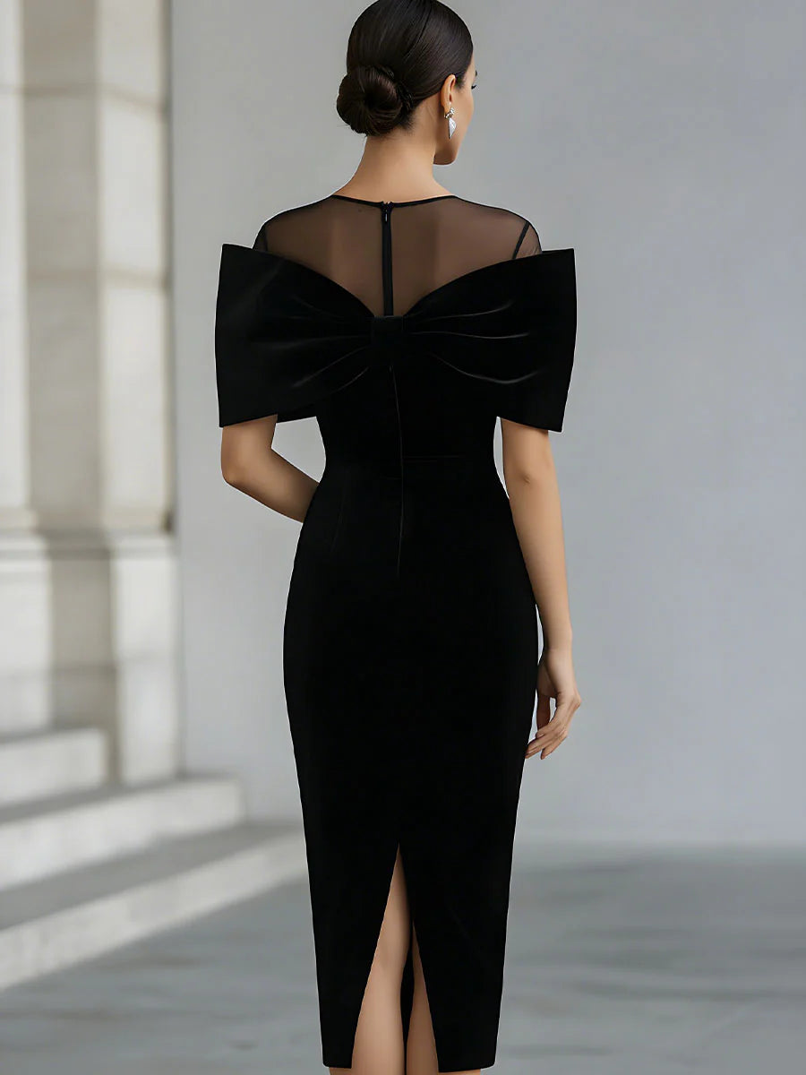 Dramatique | Robe Midi en Velours Noir avec Nœud