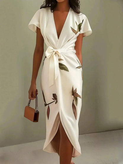 Judy | Robe Midi Satinée à Manches Courtes Blanche