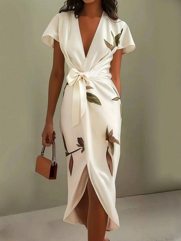 Judy | Robe Midi Satinée à Manches Courtes Blanche