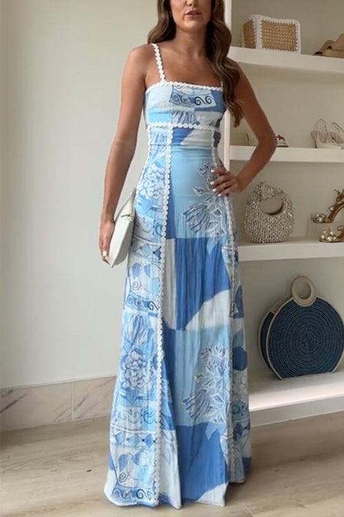 Éléonore | Robe Maxi Imprimée avec Nœud au Dos et Bretelles en Ric Rac