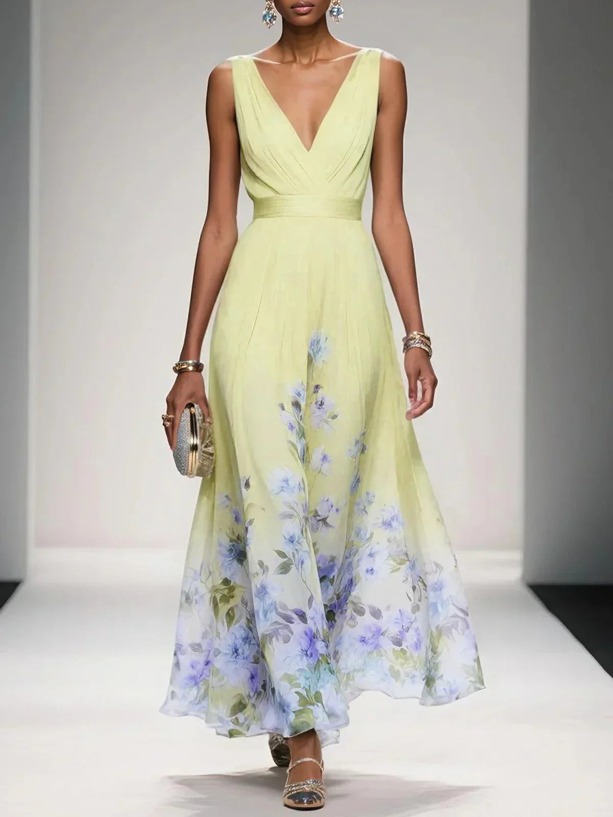 Rose | Robe Maxi Chiffon à Fleurs Bleu Clair Décolleté en V