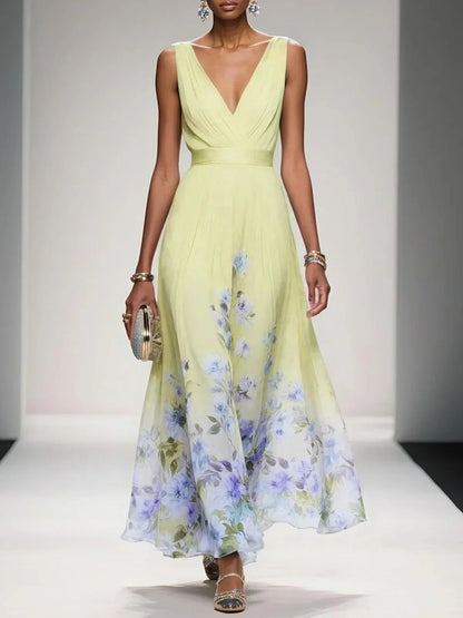 Rose | Robe Maxi Chiffon à Fleurs Bleu Clair Décolleté en V