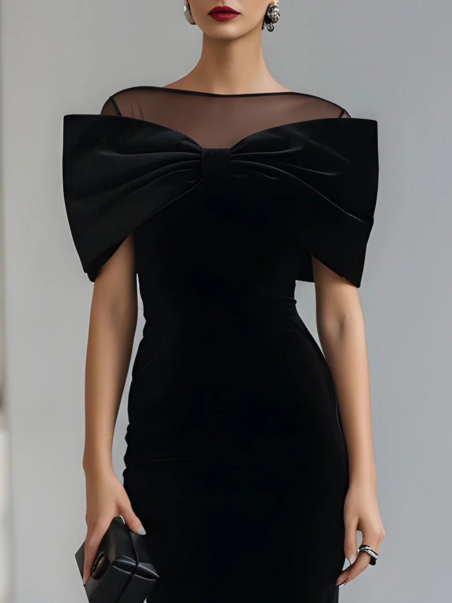 Dramatique | Robe Midi en Velours Noir avec Nœud