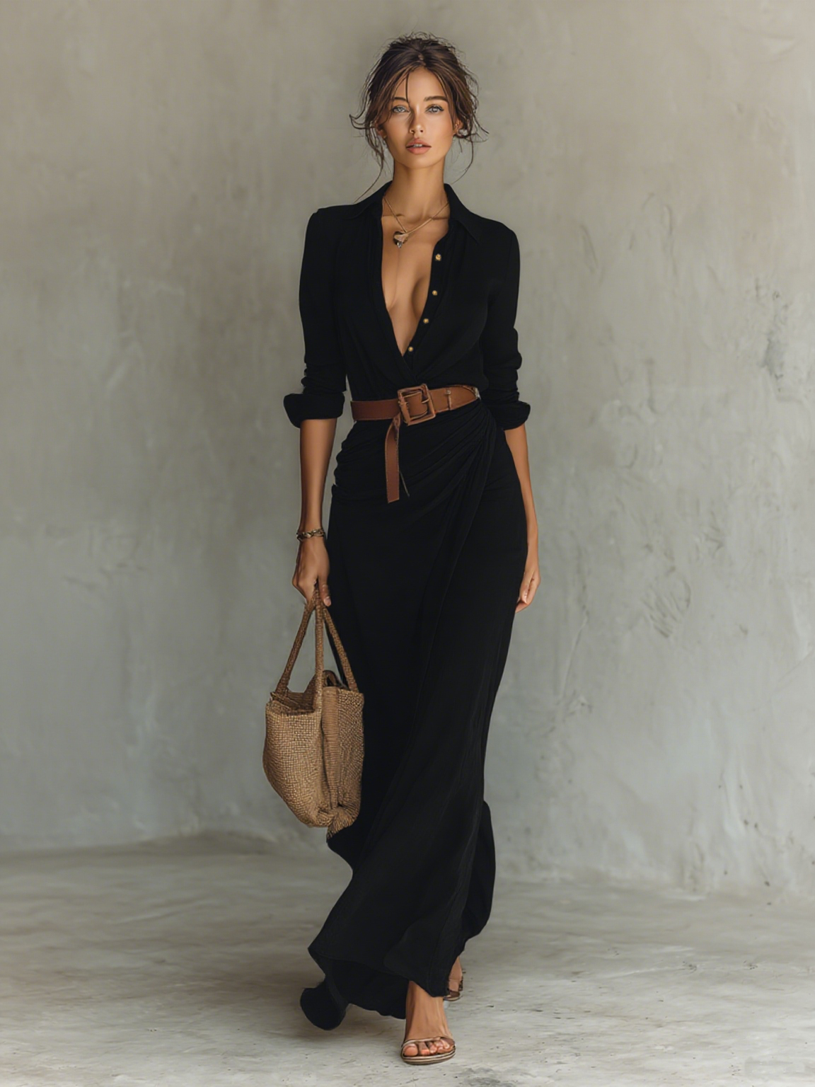 Robe Maxi Col Revers Manches Longues