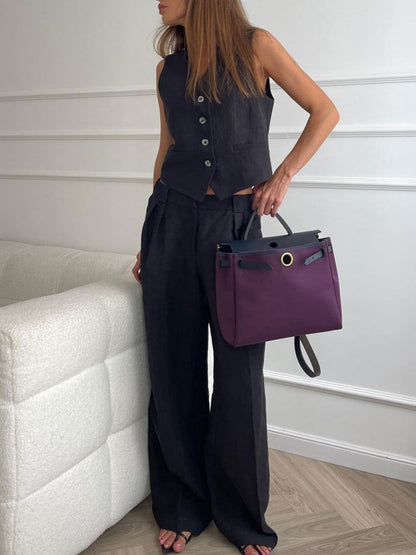 Lila | Costume Pantalon Large Plissé à Col V
