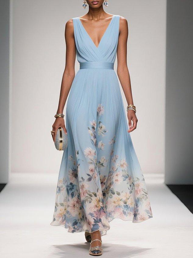 Rose | Robe Maxi Chiffon à Fleurs Bleu Clair Décolleté en V