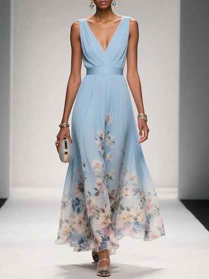 Rose | Robe Maxi Chiffon à Fleurs Bleu Clair Décolleté en V