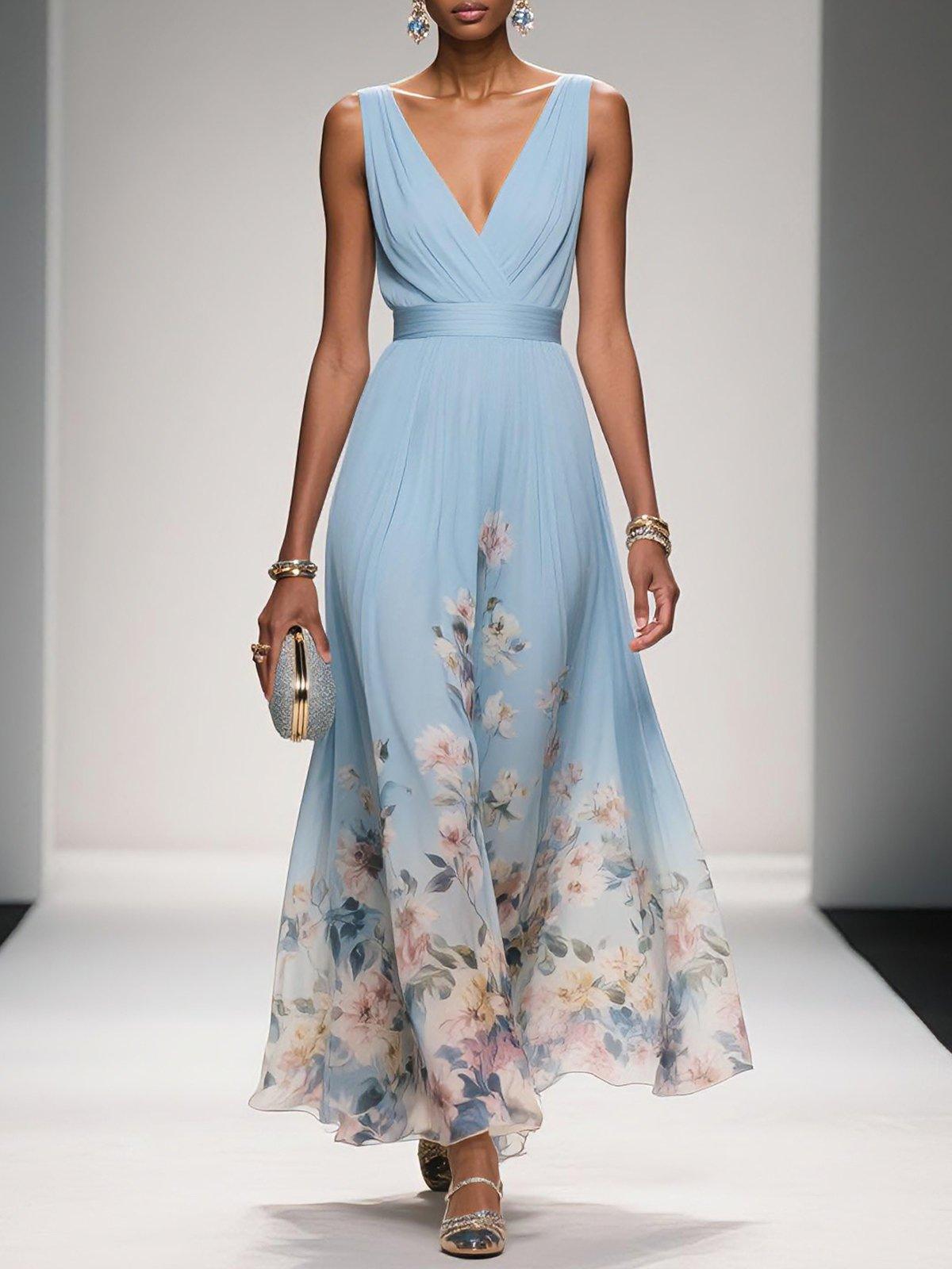 Rose | Robe Maxi Chiffon à Fleurs Bleu Clair Décolleté en V