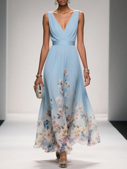 Rose | Robe Maxi Chiffon à Fleurs Bleu Clair Décolleté en V