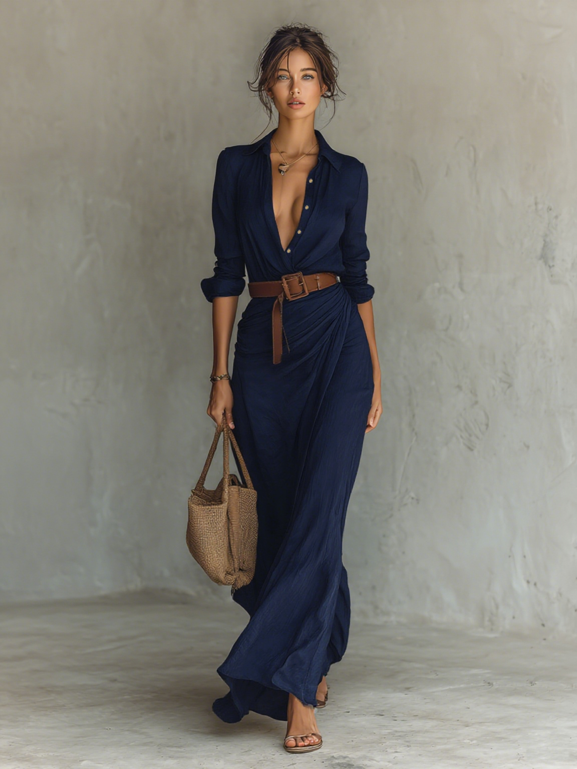 Robe Maxi Col Revers Manches Longues