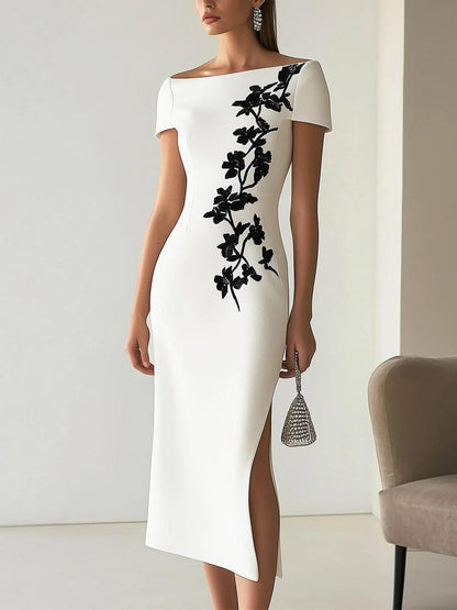 Audrey | Robe Midi Imprimée Florale Chic à Col Bateau