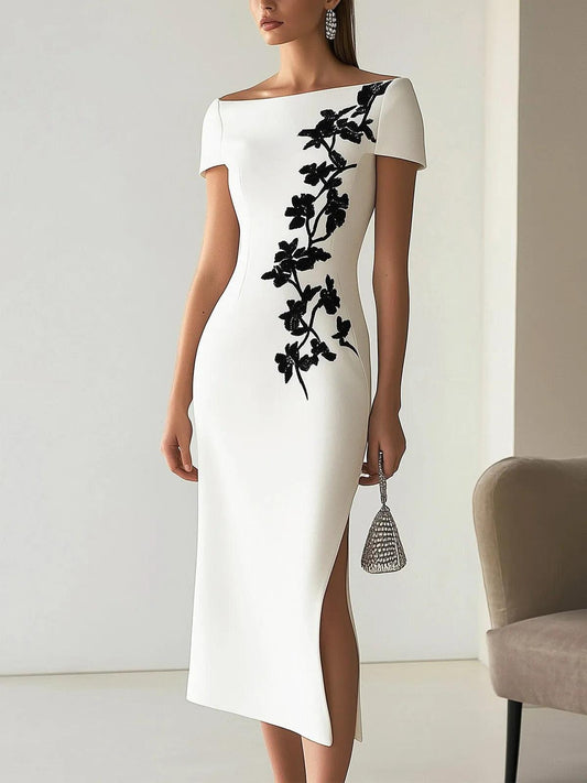 Audrey | Robe Midi Imprimée Florale Chic à Col Bateau