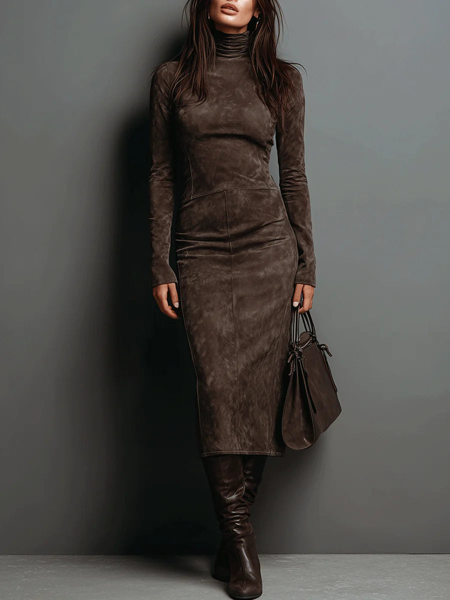 Robine | Robe Midi en Suède à Manches Longues