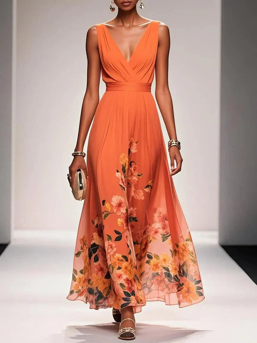 Rose | Robe Maxi Chiffon à Fleurs Bleu Clair Décolleté en V