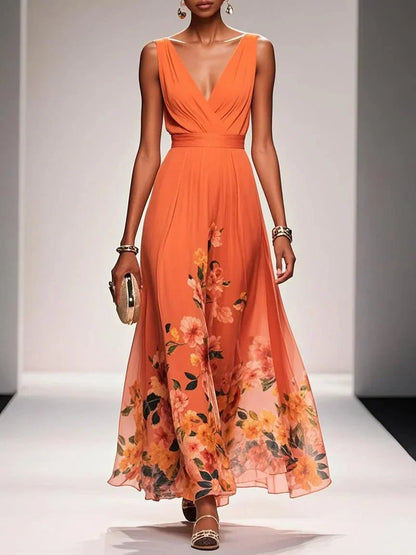 Rose | Robe Maxi Chiffon à Fleurs Bleu Clair Décolleté en V