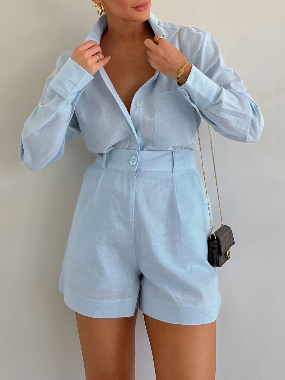 Lila | Ensemble de shorts à manches longues en coton et lin