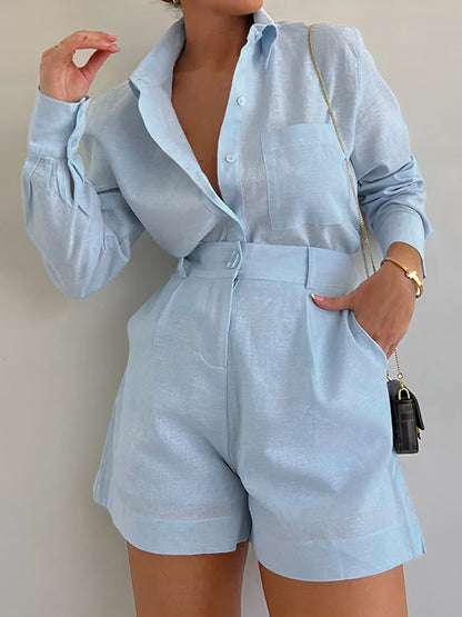 Lila | Ensemble de shorts à manches longues en coton et lin
