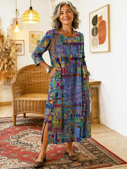 Manuela robe en denim avec patchwork ethnique
