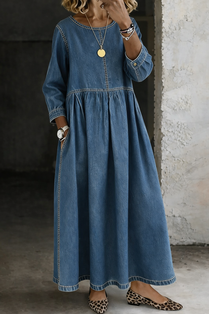 Melissa | Robe en Denim à Col Rond et Manches Longues