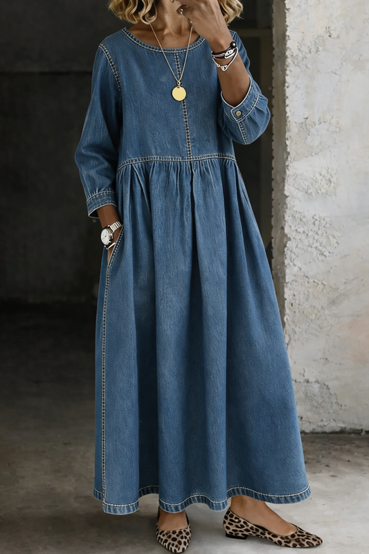 Melissa | Robe en Denim à Col Rond et Manches Longues