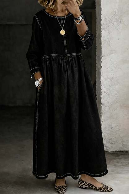 Melissa | Robe en Denim à Col Rond et Manches Longues
