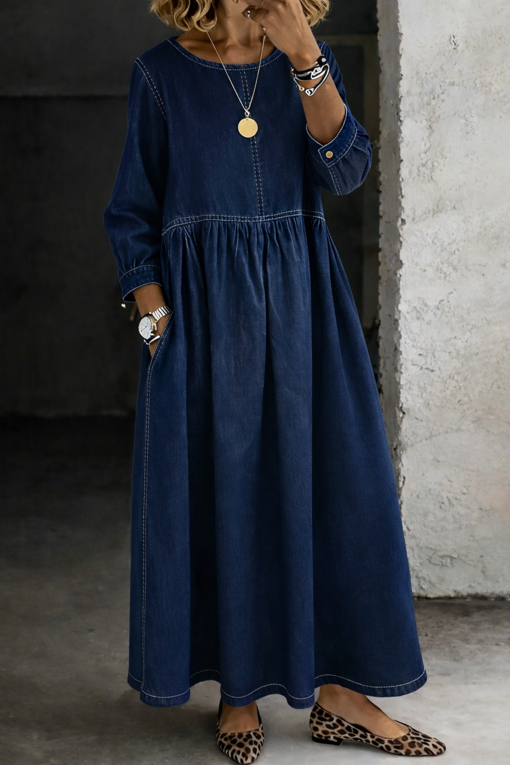 Melissa | Robe en Denim à Col Rond et Manches Longues