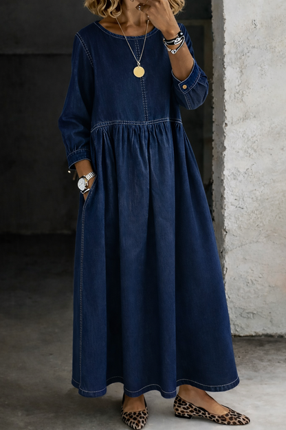 Melissa | Robe en Denim à Col Rond et Manches Longues