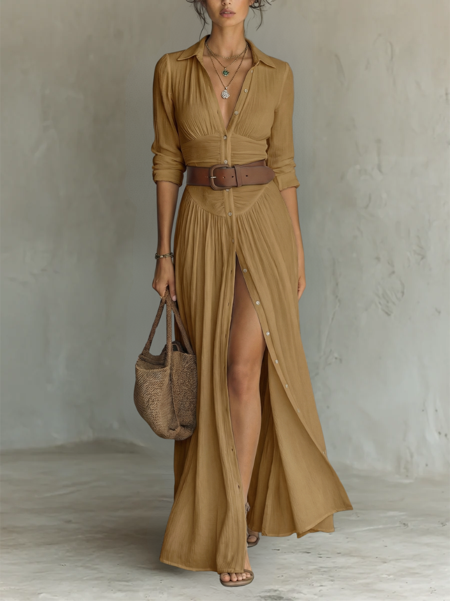 Robe Maxi en Lin avec Col Revers à Manches Longues