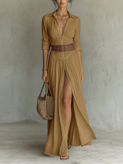 Robe Maxi en Lin avec Col Revers à Manches Longues