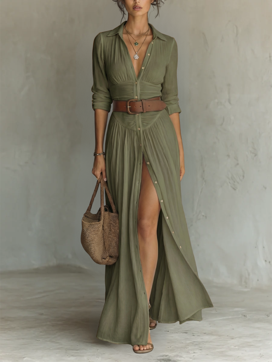Robe Maxi en Lin avec Col Revers à Manches Longues