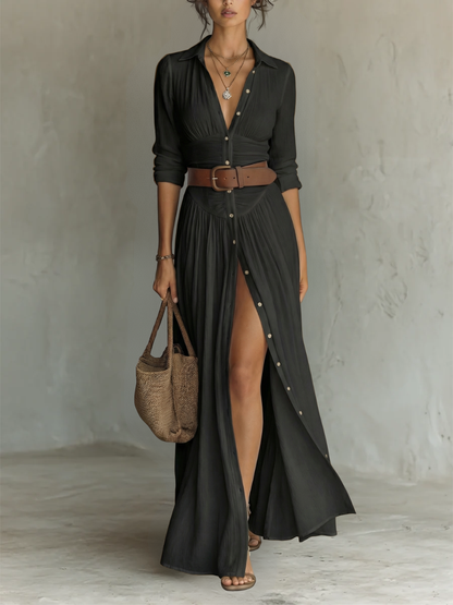 Robe Maxi en Lin avec Col Revers à Manches Longues