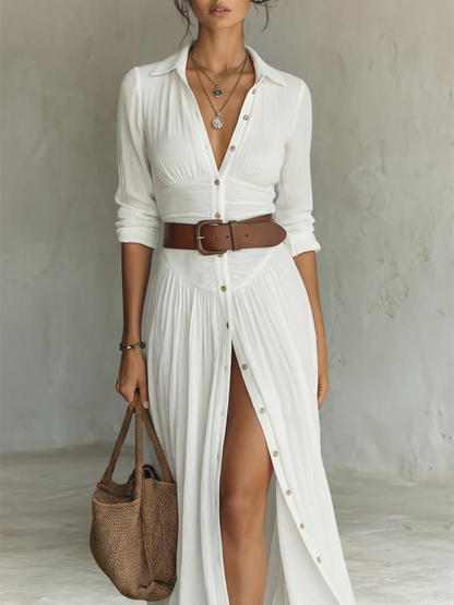 Robe Maxi en Lin avec Col Revers à Manches Longues