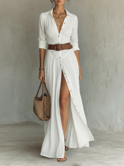 Robe Maxi en Lin avec Col Revers à Manches Longues