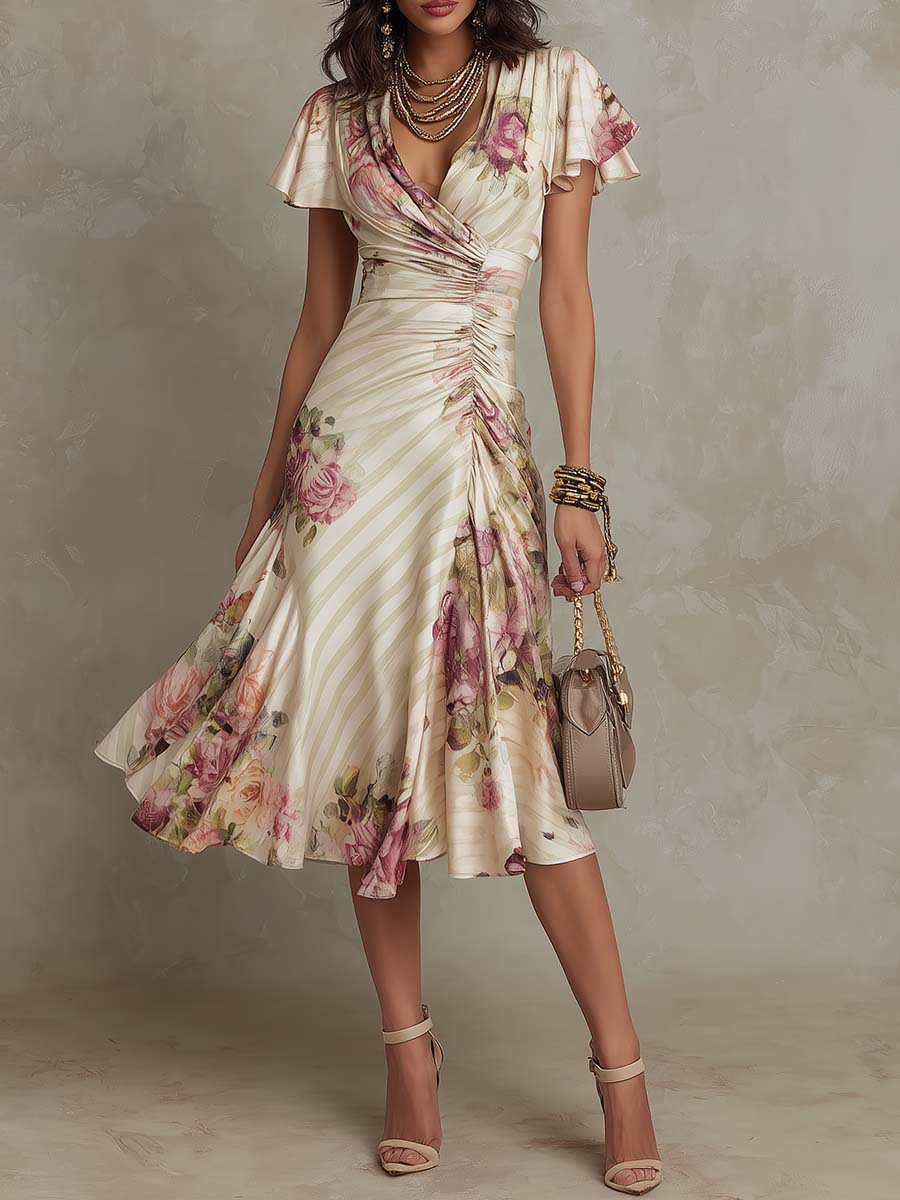 Margaret | Robe Midi Satin Fleurie Vintage
