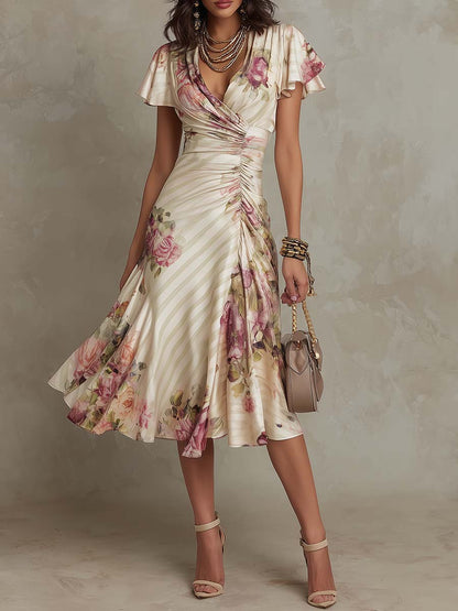 Margaret | Robe Midi Satin Fleurie Vintage