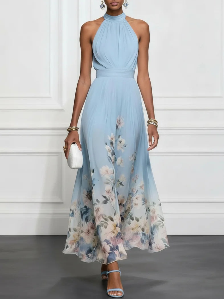 Rosalyn | Robe Maxi Chiffon Floral Bleue