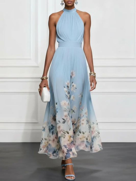 Rosalyn | Robe Maxi Chiffon Floral Bleue