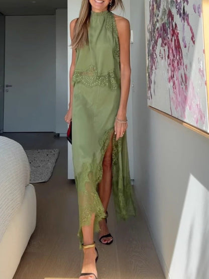 Isabella | Ensemble Top Plissé en Dentelle + Jupe à Fente Irrégulière