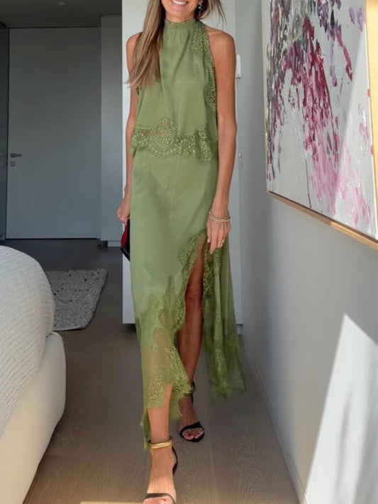 Isabella | Ensemble Top Plissé en Dentelle + Jupe à Fente Irrégulière