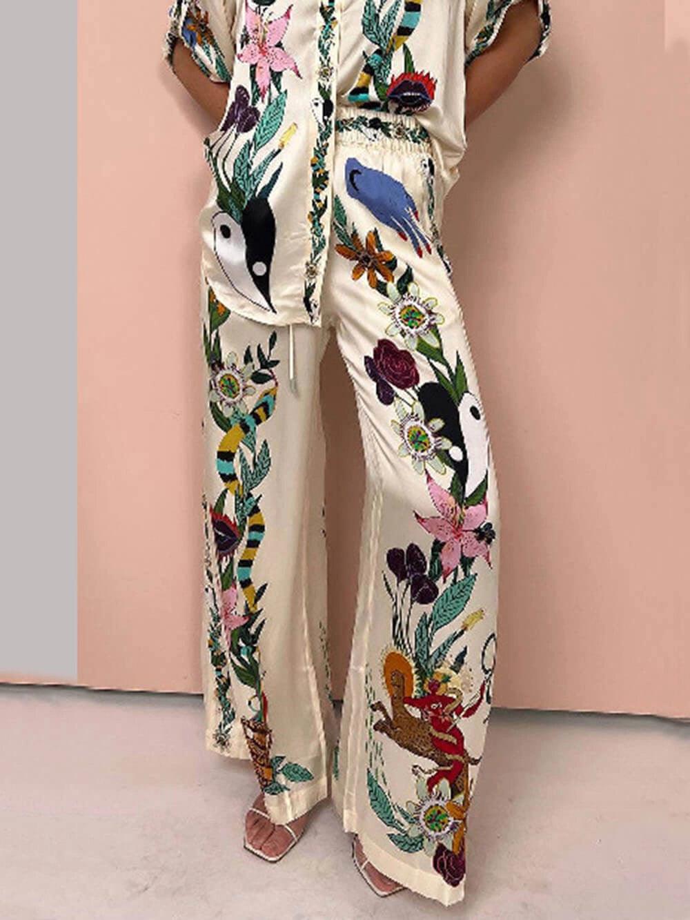 Nika | Ensemble chemise et pantalon en satin à imprimé unique Vibes de station