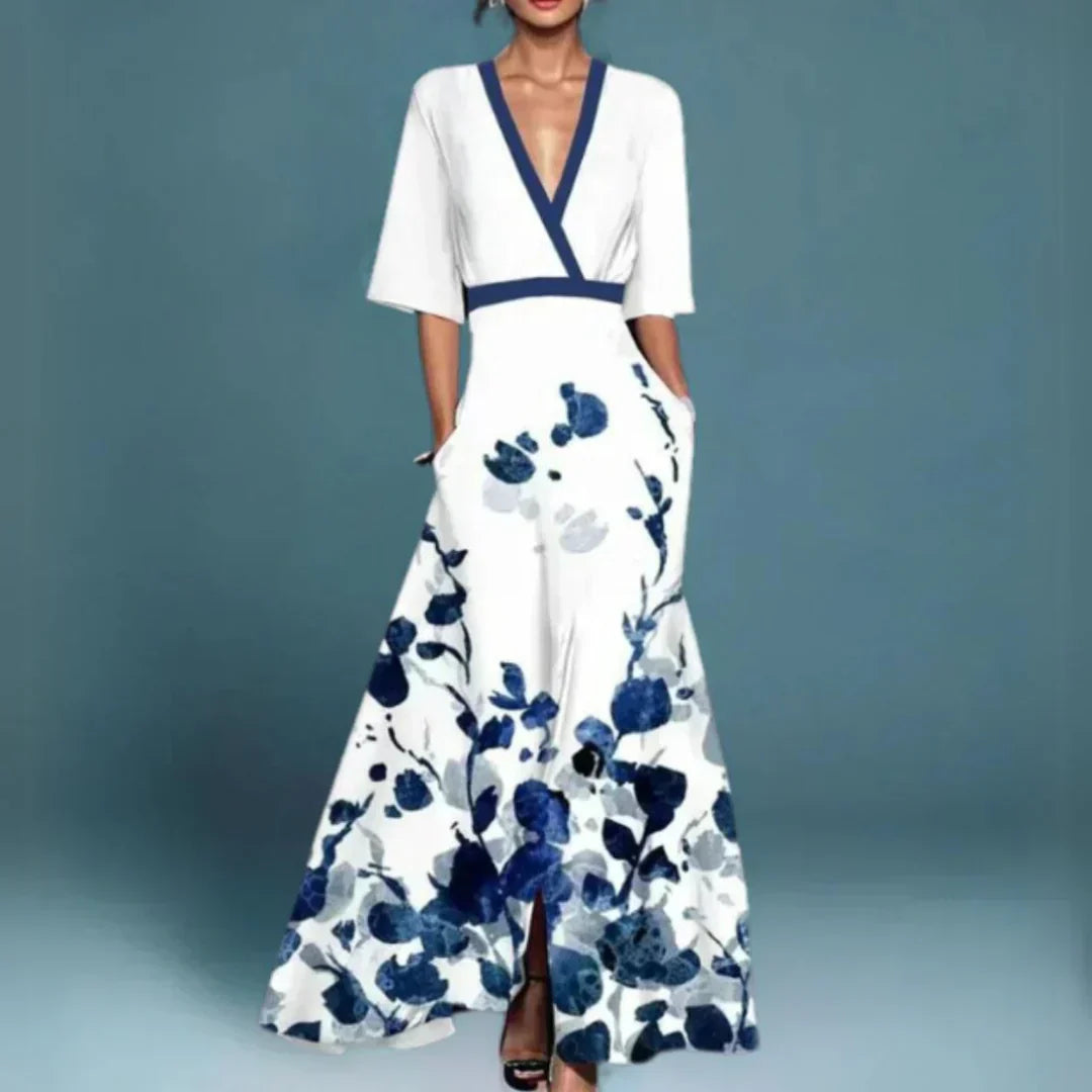 Hazel | Robe Maxi Fleurie à Encolure en V Ceinturée