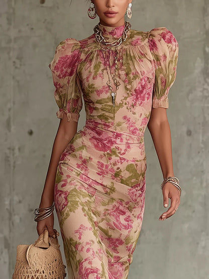 Mae | Robe Maxi à Manches Bouffantes Imprimée Rose Vintage