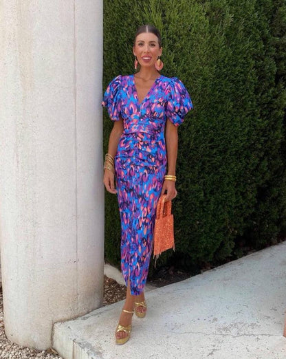 Loren | Robe Midi Vibrante avec Manches Bouffantes