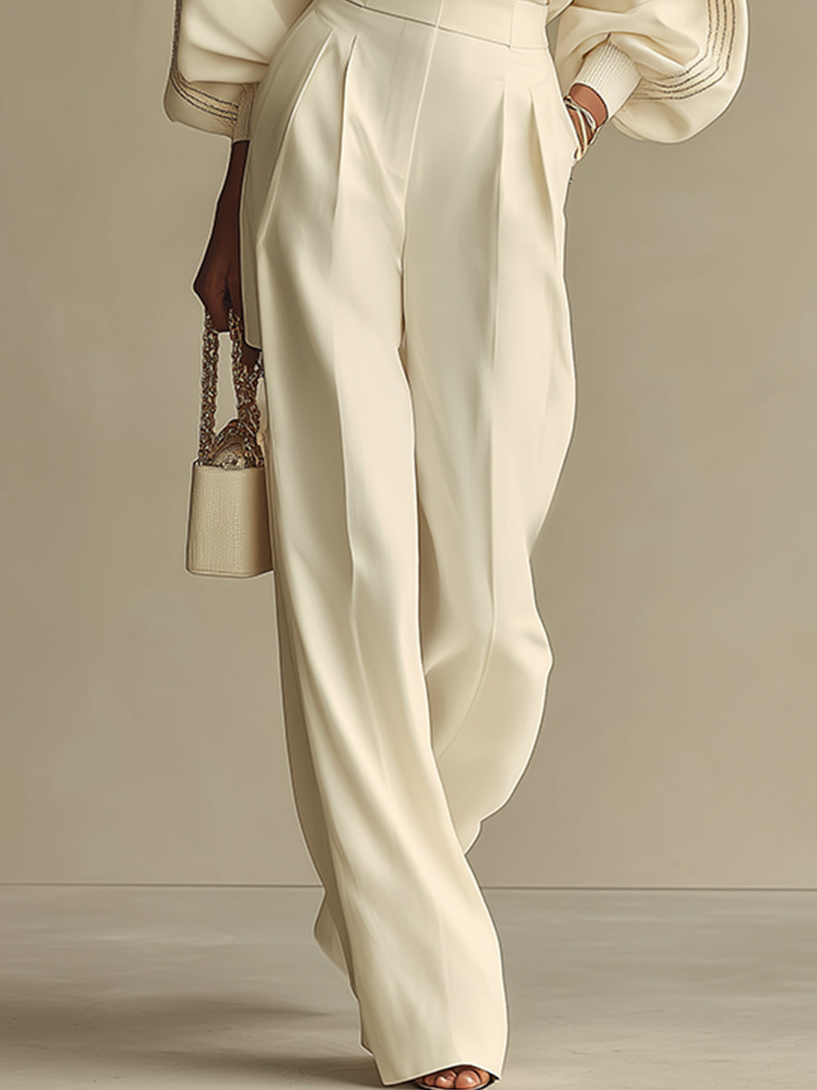 Isa | Ensemble Haut Col Roulé Ivoire et Pantalons Amples Taille Haute