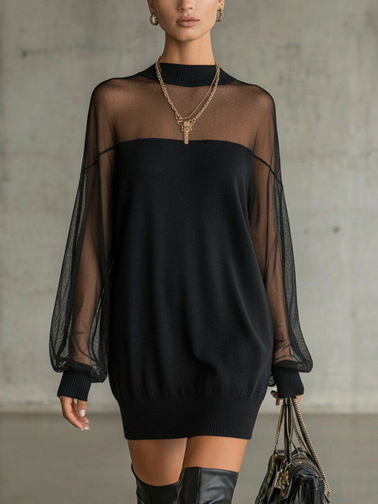 Daisy | Robe Midi à Col Montant en Maille Noire