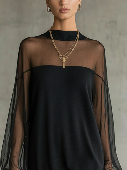 Daisy | Robe Midi à Col Montant en Maille Noire