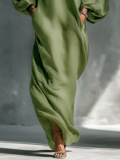 Anika | Robe Maxi à Manches Bouffantes Dégagée Verte